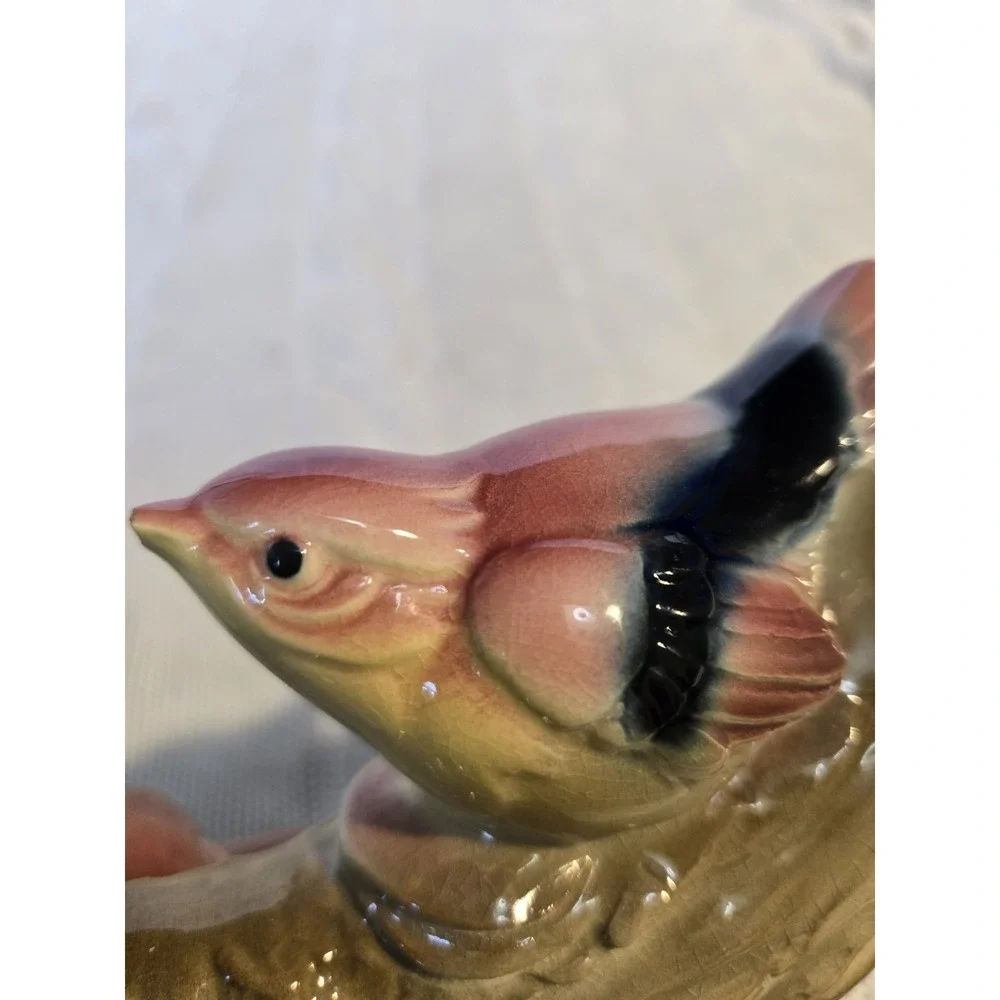Vintage Royal Copley Hand Painted Pottery Nuthatch Like Bird On Branch Vase